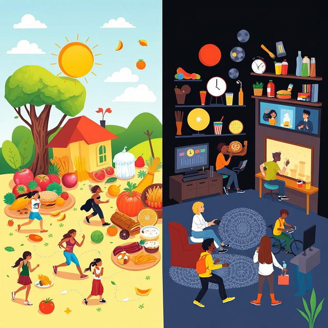 A vibrant and colorful illustration depicting the concepts of healthy and unhealthy lifestyles