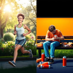 A vibrant scene comparing a healthy young person and an unhealthy young person, showcasing their lifestyle choices
