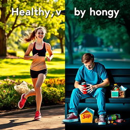 A vibrant scene comparing a healthy young person and an unhealthy young person, showcasing their lifestyle choices