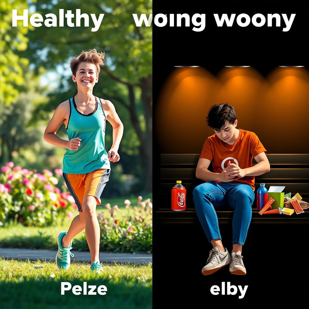 A vibrant scene comparing a healthy young person and an unhealthy young person, showcasing their lifestyle choices