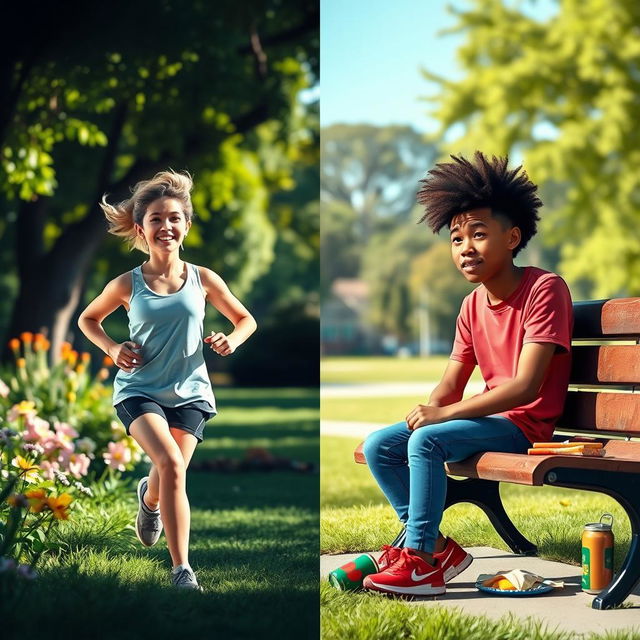 A vibrant scene comparing a healthy young person and an unhealthy young person, showcasing their lifestyle choices