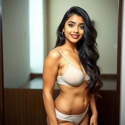 A beautiful Indian woman, 18 years old, with long hair and curvy figure, standing in front of a mirror