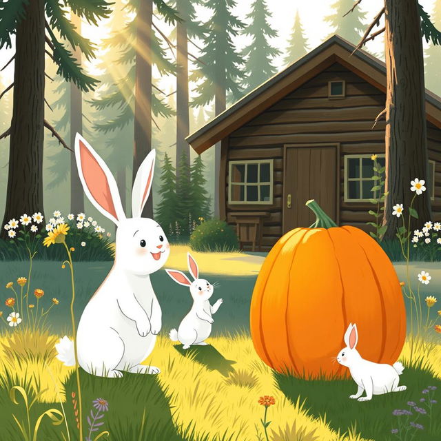 In a serene morning setting in front of a cozy forest cabin, a large white rabbit and a small white rabbit are joyfully gazing at a big pumpkin with delight