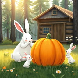 In a serene morning setting in front of a cozy forest cabin, a large white rabbit and a small white rabbit are joyfully gazing at a big pumpkin with delight