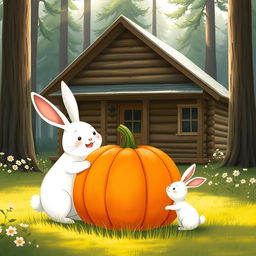 In a serene morning setting in front of a cozy forest cabin, a large white rabbit and a small white rabbit are joyfully gazing at a big pumpkin with delight