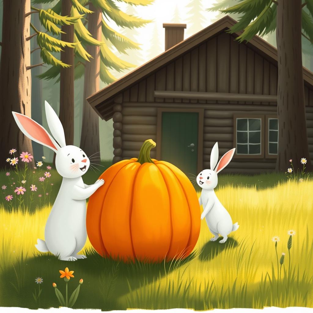 In a serene morning setting in front of a cozy forest cabin, a large white rabbit and a small white rabbit are joyfully gazing at a big pumpkin with delight