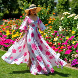 A stylish person wearing a flowing, elegant dress that cascades beautifully to the ground