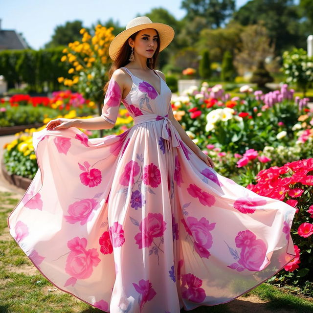 A stylish person wearing a flowing, elegant dress that cascades beautifully to the ground