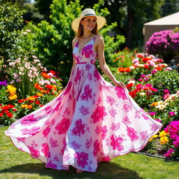 A stylish person wearing a flowing, elegant dress that cascades beautifully to the ground