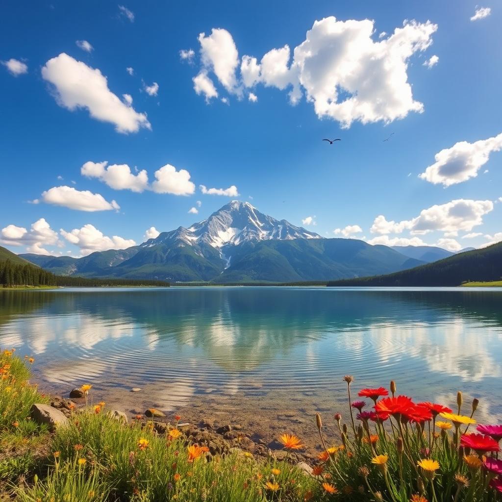 A serene landscape featuring a majestic mountain range under a clear blue sky, with fluffy white clouds scattered throughout