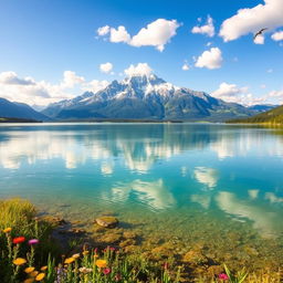 A serene landscape featuring a majestic mountain range under a clear blue sky, with fluffy white clouds scattered throughout