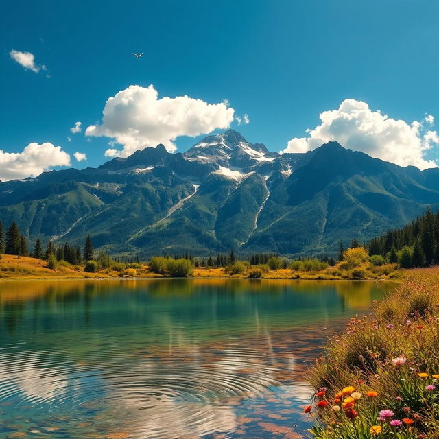 A serene landscape featuring a majestic mountain range under a clear blue sky, with fluffy white clouds scattered throughout