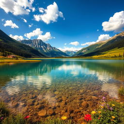 A serene landscape featuring a majestic mountain range under a clear blue sky, with fluffy white clouds scattered throughout