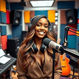 A beautiful brown-skinned female singer named Clara, 23 years old, in a radio studio