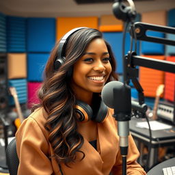 A beautiful brown-skinned female singer named Clara, 23 years old, in a radio studio