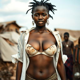 A 25-year-old African woman in provocative lingerie, wearing a very dirty and torn open white shirt that emphasizes her impoverished condition