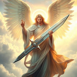 A majestic angel with large, radiant wings, holding an oversized sword in one hand