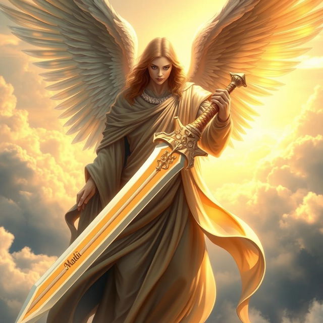 A majestic angel with large, radiant wings, holding an oversized sword in one hand