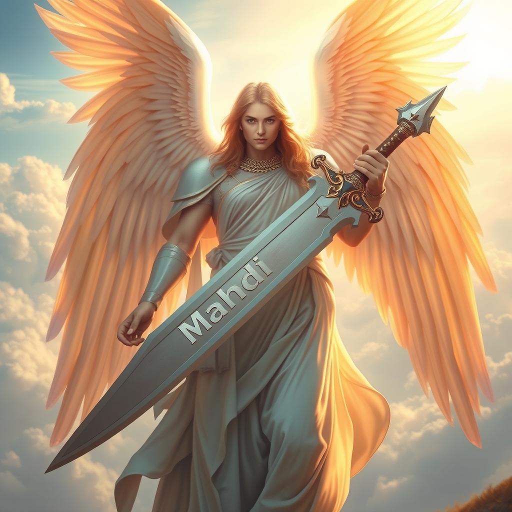 A majestic angel with large, radiant wings, holding an oversized sword in one hand