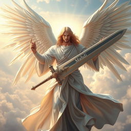 A majestic angel with large, radiant wings, holding an oversized sword in one hand