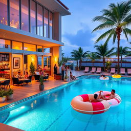 A vibrant and stylish club atmosphere featuring a modern cafe restaurant area with cozy seating, chic decor, and an inviting ambiance