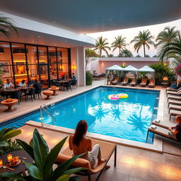 A vibrant and stylish club atmosphere featuring a modern cafe restaurant area with cozy seating, chic decor, and an inviting ambiance