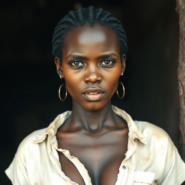 A 25-year-old African woman wearing only dirty and torn white shirt, which highlights her impoverished background