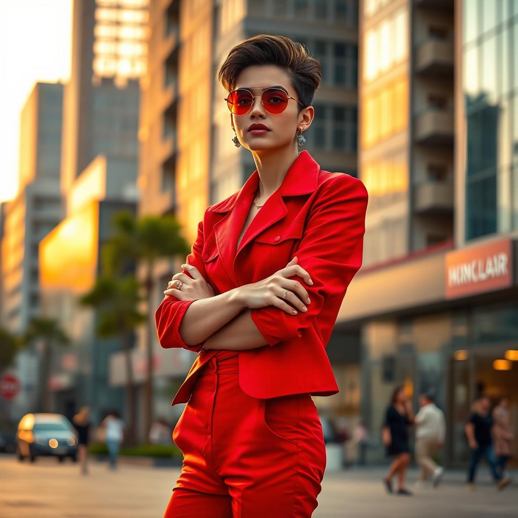 A stylish individual wearing a vibrant red outfit, standing confidently in an urban setting