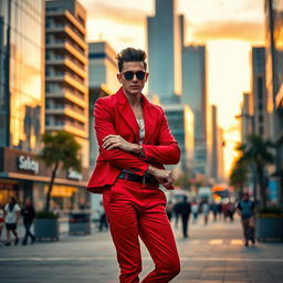 A stylish individual wearing a vibrant red outfit, standing confidently in an urban setting