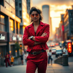 A stylish individual wearing a vibrant red outfit, standing confidently in an urban setting