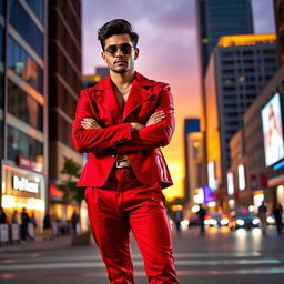 A stylish individual wearing a vibrant red outfit, standing confidently in an urban setting