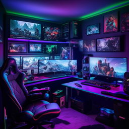 A cozy bedroom fully equipped with gaming gadgets, featuring a comfortable gaming chair, modern computer setup with multiple monitors, game-themed posters on the wall, and LED illumination