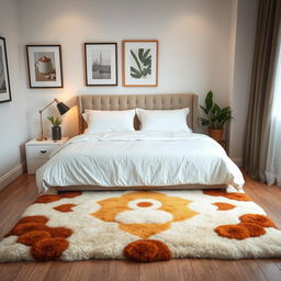 A cozy and modern bedroom interior featuring a neatly made bed with plush pillows, soft bedding, and a stylish headboard