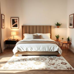 A cozy and modern bedroom interior featuring a neatly made bed with plush pillows, soft bedding, and a stylish headboard