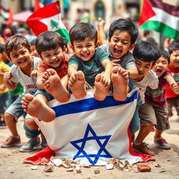 A powerful scene depicting Lebanese and Gazan children united in solidarity, fiercely stomping on and crushing an Israeli flag beneath their feet