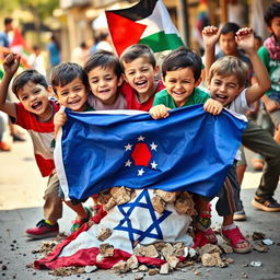 A powerful scene depicting Lebanese and Gazan children united in solidarity, fiercely stomping on and crushing an Israeli flag beneath their feet