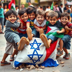 A powerful scene depicting Lebanese and Gazan children united in solidarity, fiercely stomping on and crushing an Israeli flag beneath their feet