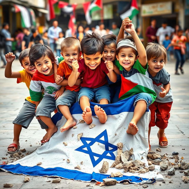 A powerful scene depicting Lebanese and Gazan children united in solidarity, fiercely stomping on and crushing an Israeli flag beneath their feet