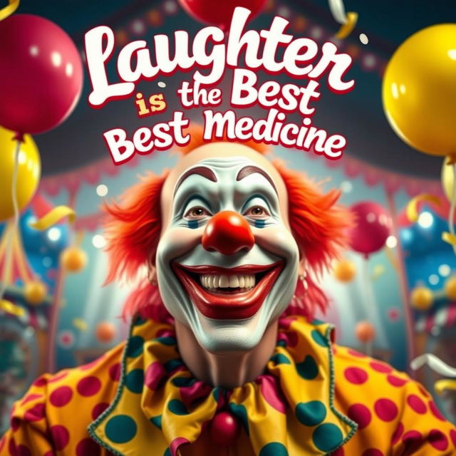 A cheerful and happy-faced clown reminiscent of a classic joker, featuring a big joyful smile and bright, colorful makeup