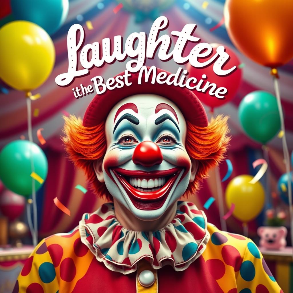 A cheerful and happy-faced clown reminiscent of a classic joker, featuring a big joyful smile and bright, colorful makeup