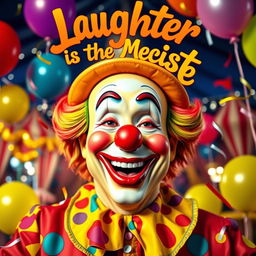A cheerful and happy-faced clown reminiscent of a classic joker, featuring a big joyful smile and bright, colorful makeup