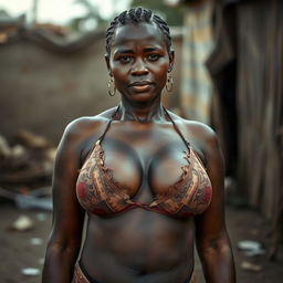 A 25-year-old African woman wearing very dirty and torn lingerie, which highlights her impoverished circumstances