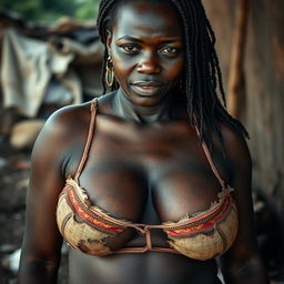 A 25-year-old African woman wearing very dirty and torn lingerie, which highlights her impoverished circumstances
