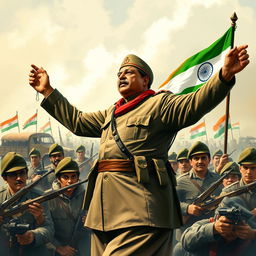 An inspiring and dramatic depiction of Netaji Subhas Chandra Bose commanding the Indian National Army (INA), showcasing the spirit of opposition during the battle for India's independence