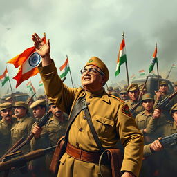 An inspiring and dramatic depiction of Netaji Subhas Chandra Bose commanding the Indian National Army (INA), showcasing the spirit of opposition during the battle for India's independence