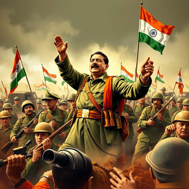 An inspiring and dramatic depiction of Netaji Subhas Chandra Bose commanding the Indian National Army (INA), showcasing the spirit of opposition during the battle for India's independence