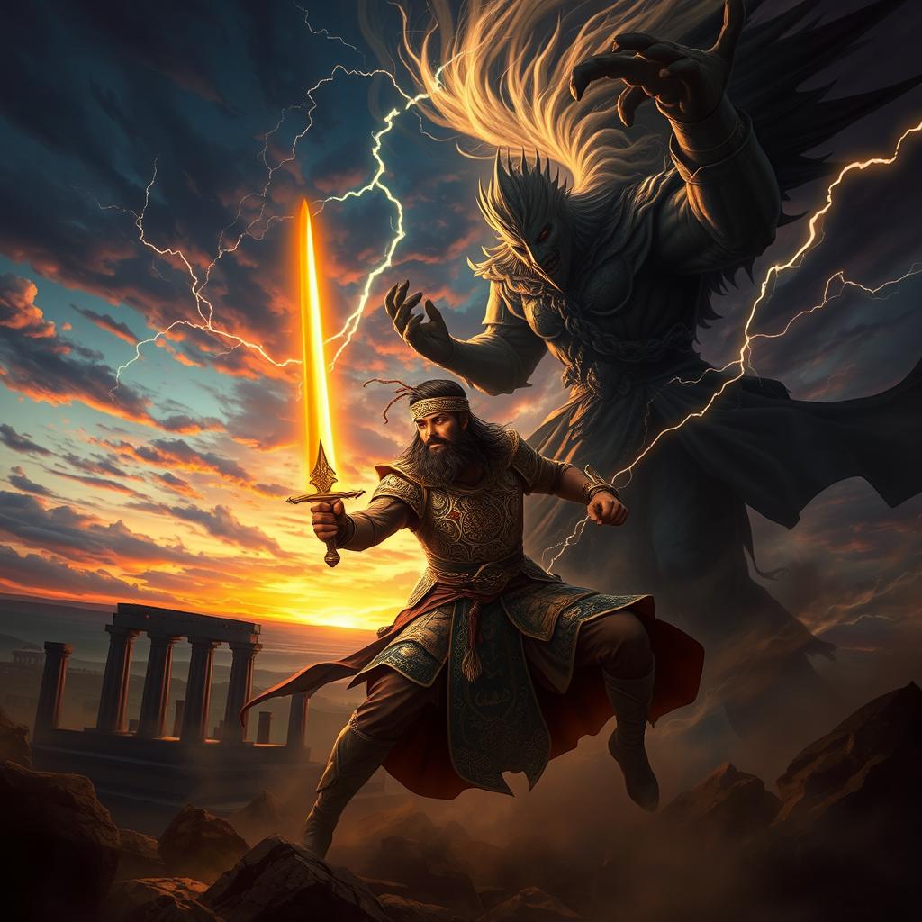 An intense and dynamic scene depicting Imam Zaman engaged in a fierce battle against a towering, shadowy figure representing Shaitan in a dramatic celestial landscape