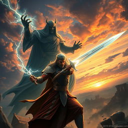 An intense and dynamic scene depicting Imam Zaman engaged in a fierce battle against a towering, shadowy figure representing Shaitan in a dramatic celestial landscape