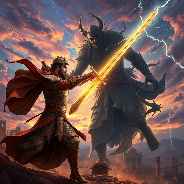 An intense and dynamic scene depicting Imam Zaman engaged in a fierce battle against a towering, shadowy figure representing Shaitan in a dramatic celestial landscape