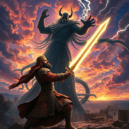 An intense and dynamic scene depicting Imam Zaman engaged in a fierce battle against a towering, shadowy figure representing Shaitan in a dramatic celestial landscape